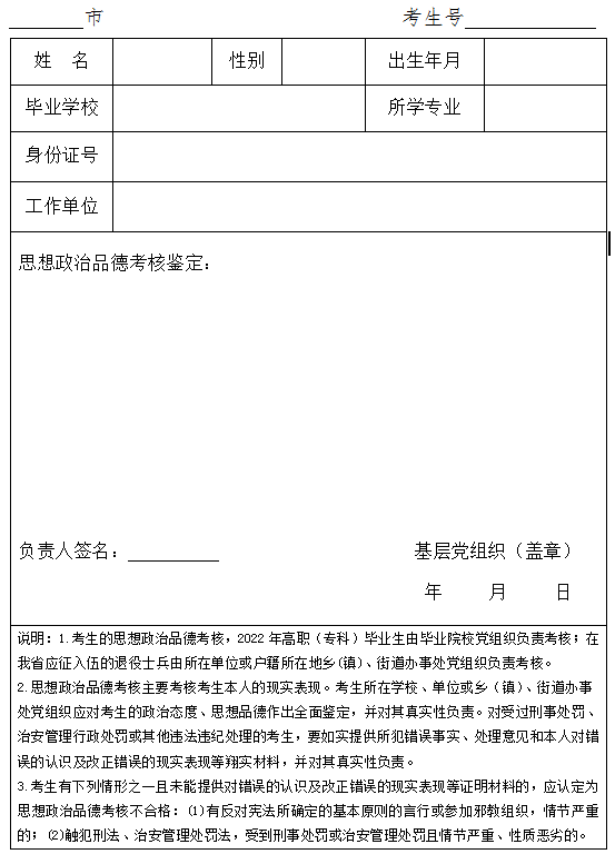 普通高校專升本考生思想政治品德考核表 普通高校專升本考生思想政治品德考核表